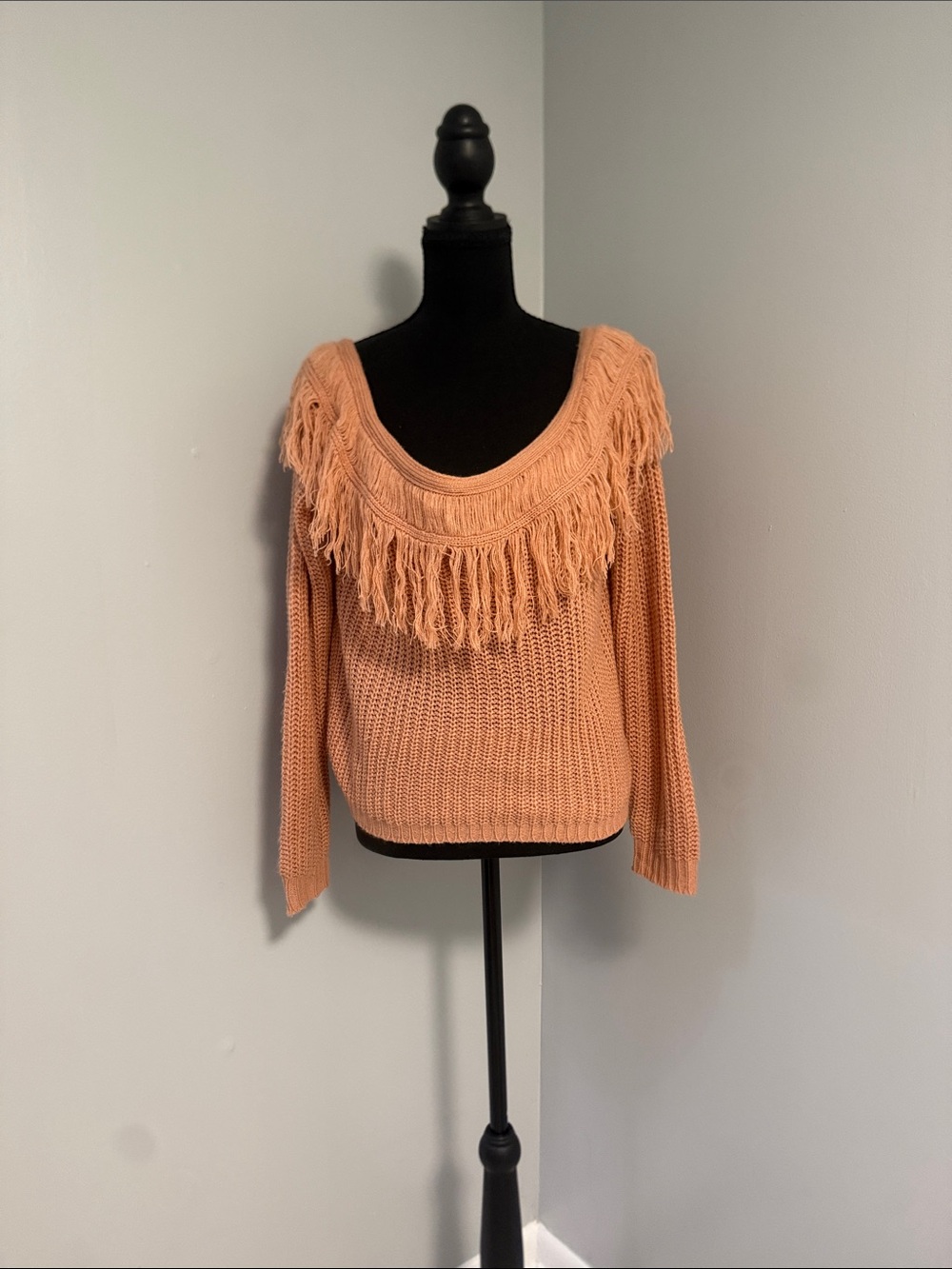 Lulu's Peach Fringe Off-the-Shoulder Sweater